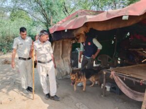 झुग्गी-झोपड़ियों में डॉग स्क्वायड के साथ तलाशी अभियान चलाती पुलिस