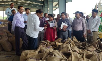 नारनौल अनाज मंडी में निरीक्षण के दौरान व्यवस्थाओं का जायजा लेते डॉ. राजा शेखर वंडरु व अन्य अधिकारी।