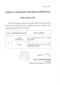 कांग्रेस ने अंबाला और सोनीपत के मेयर प्रत्याशी घोषित किए