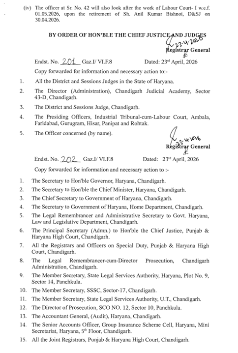 पंजाब-हरियाणा हाईकोर्ट द्वारा जारी तबादला सूची