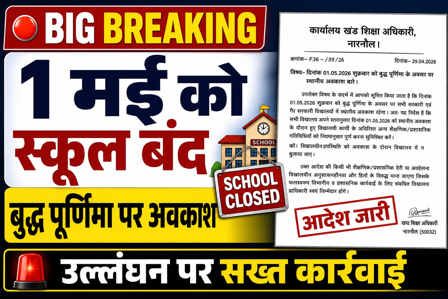 नारनौल में 1 मई को बुद्ध पूर्णिमा पर स्कूल बंद, आदेश उल्लंघन पर होगी सख्त कार्रवाई