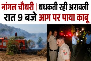 नांगल चौधरी के सरेली-बिगोपुर क्षेत्र की अरावली पहाड़ियों में लगी आग बुझाने में जुटी फायर ब्रिगेड और प्रशासनिक टीमें।