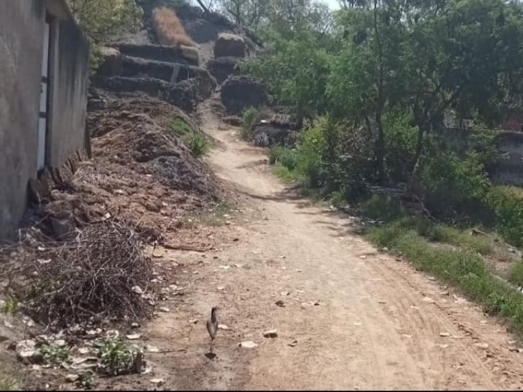 गांव रामपुरा में अधूरा पड़ा फिरनी मार्ग और रास्ते पर अवैध कब्जे का दृश्य।