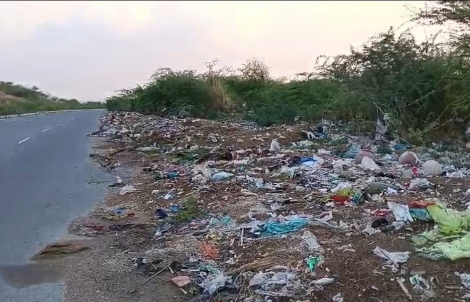 निजामपुर स्थित मल्टी लॉजिस्टिक हब के पास सड़क किनारे फैला कचरा और गंदगी।