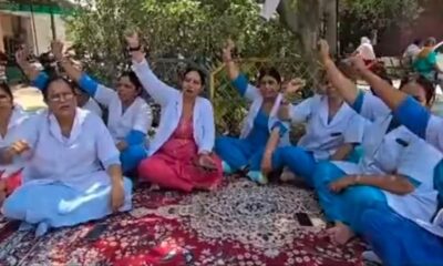 पंचकूला में रेणु भाटिया की टिप्पणी के विरोध में सांकेतिक हड़ताल पर बैठे नर्सिंग स्टाफ के कर्मचारी।