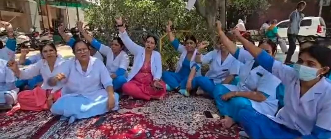 पंचकूला में रेणु भाटिया की टिप्पणी के विरोध में सांकेतिक हड़ताल पर बैठे नर्सिंग स्टाफ के कर्मचारी।