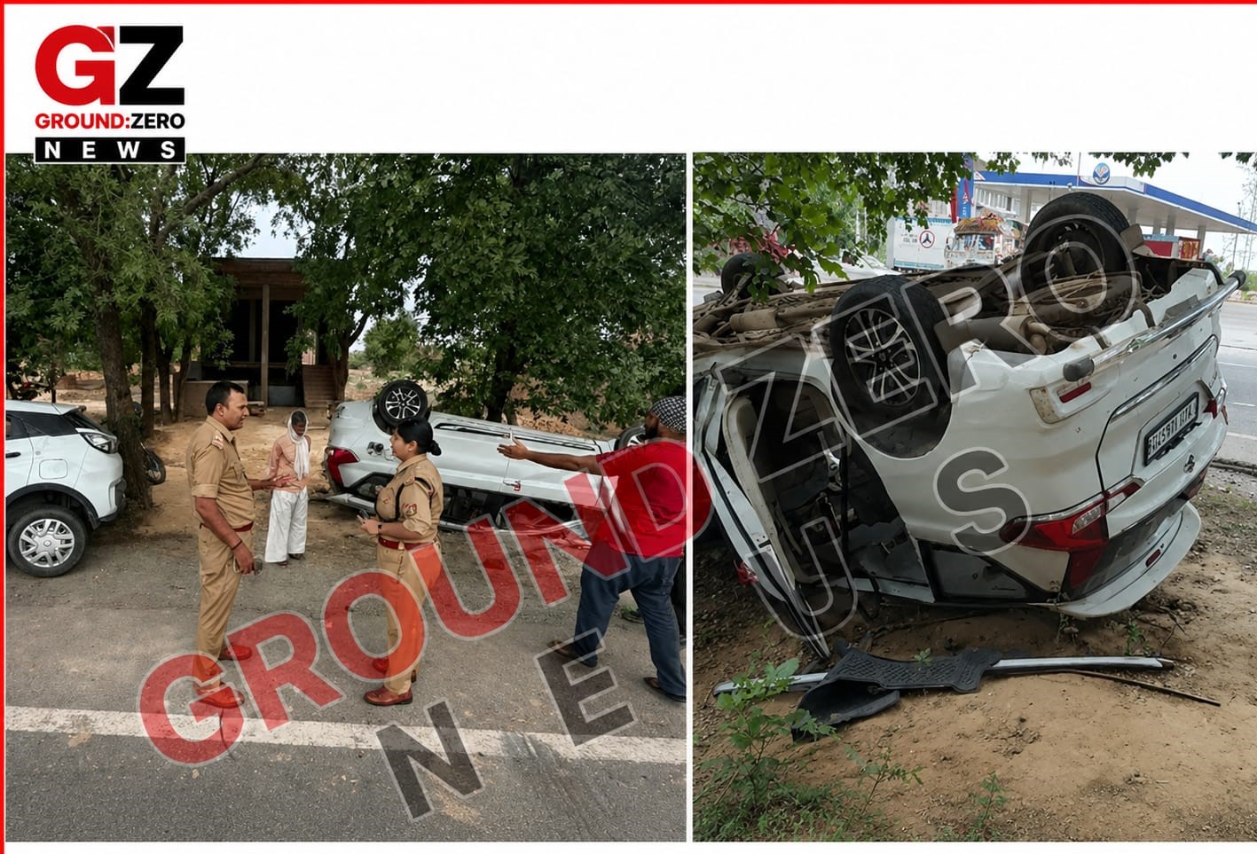 आगरा-ग्वालियर हाईवे पर हादसे के बाद क्षतिग्रस्त वाहन और राहत कार्य में जुटी पुलिस।