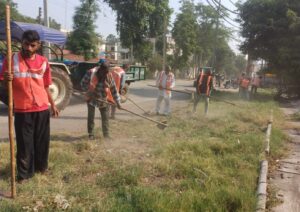 सड़क किनारे उगी घास व झाड़ियां साफ करते सफाई कर्मी।