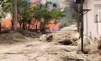 दोस्तपुर गांव की हरिजन बस्ती में लगी आग बुझाते ग्रामीण और फायर ब्रिगेड कर्मचारी